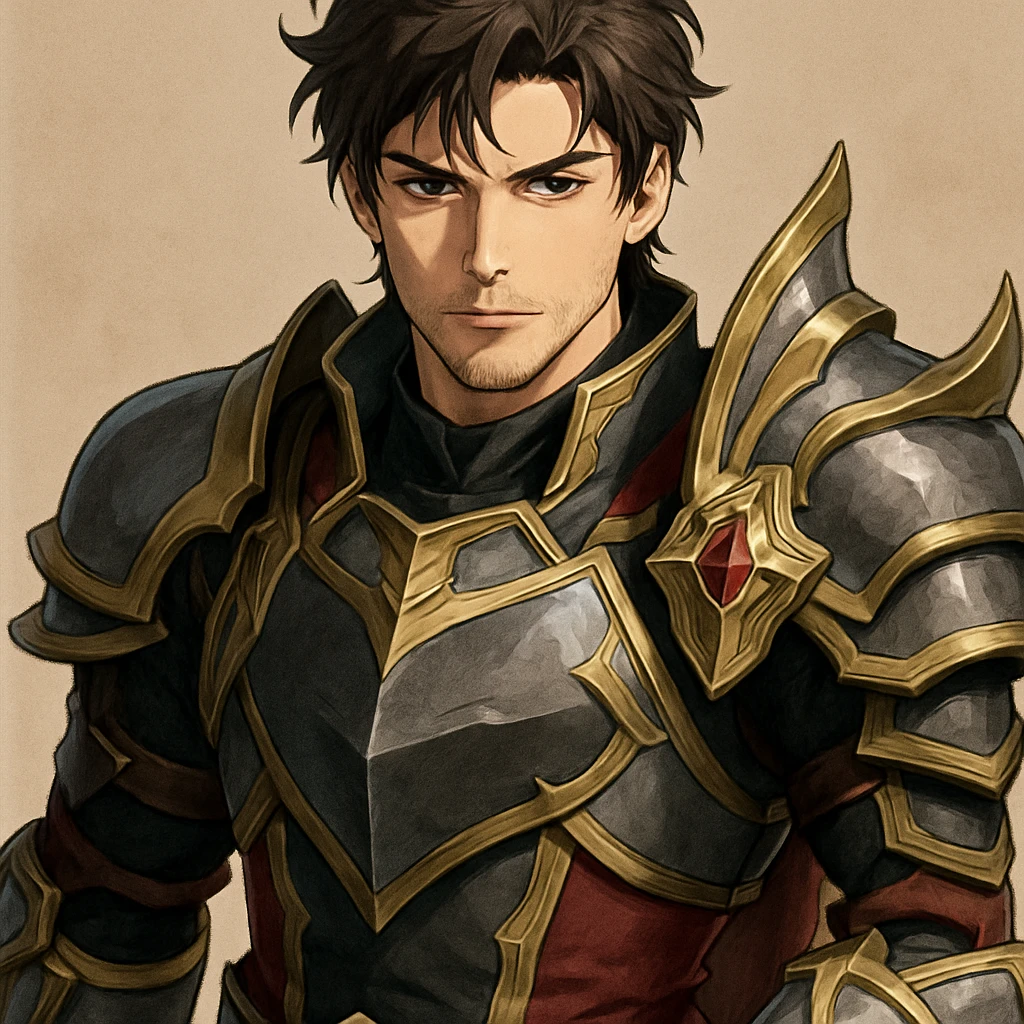 anime style handsome man with light skin in fantasy armor cosplay, smoldering look emoji