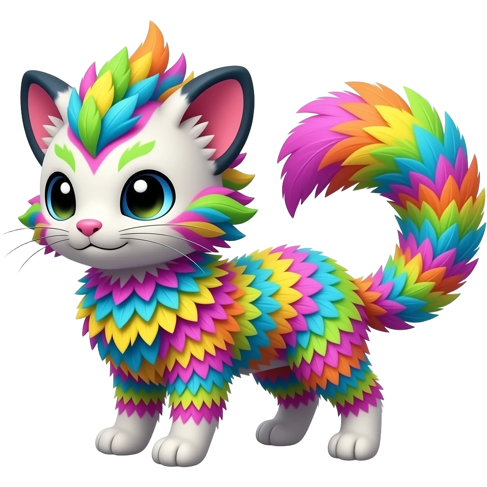 Neon-colored childish candy-themed colorful furry fluffy floofy feathery tribal marked Genet-Absol-Kyurem-Zeraora-Primagen-fusion-creature emoji