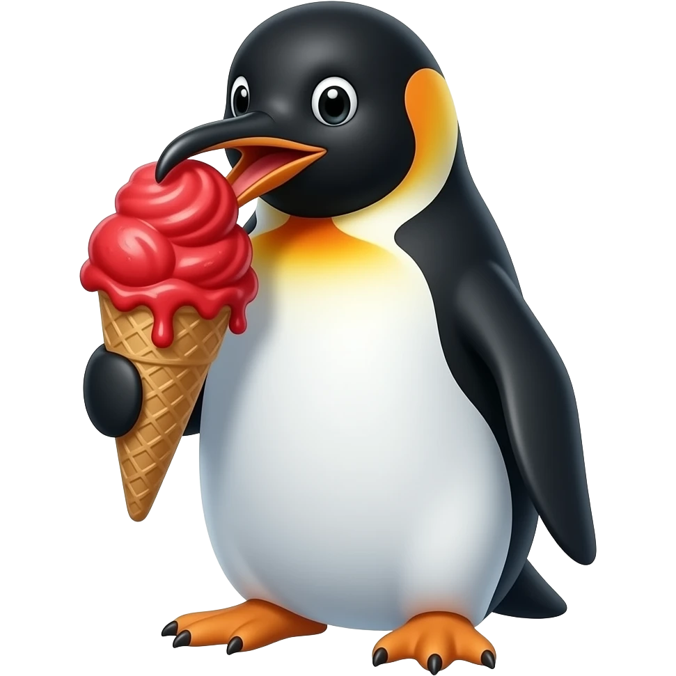 penguin eating vibrant red scope of ice cream with half body close up emoji