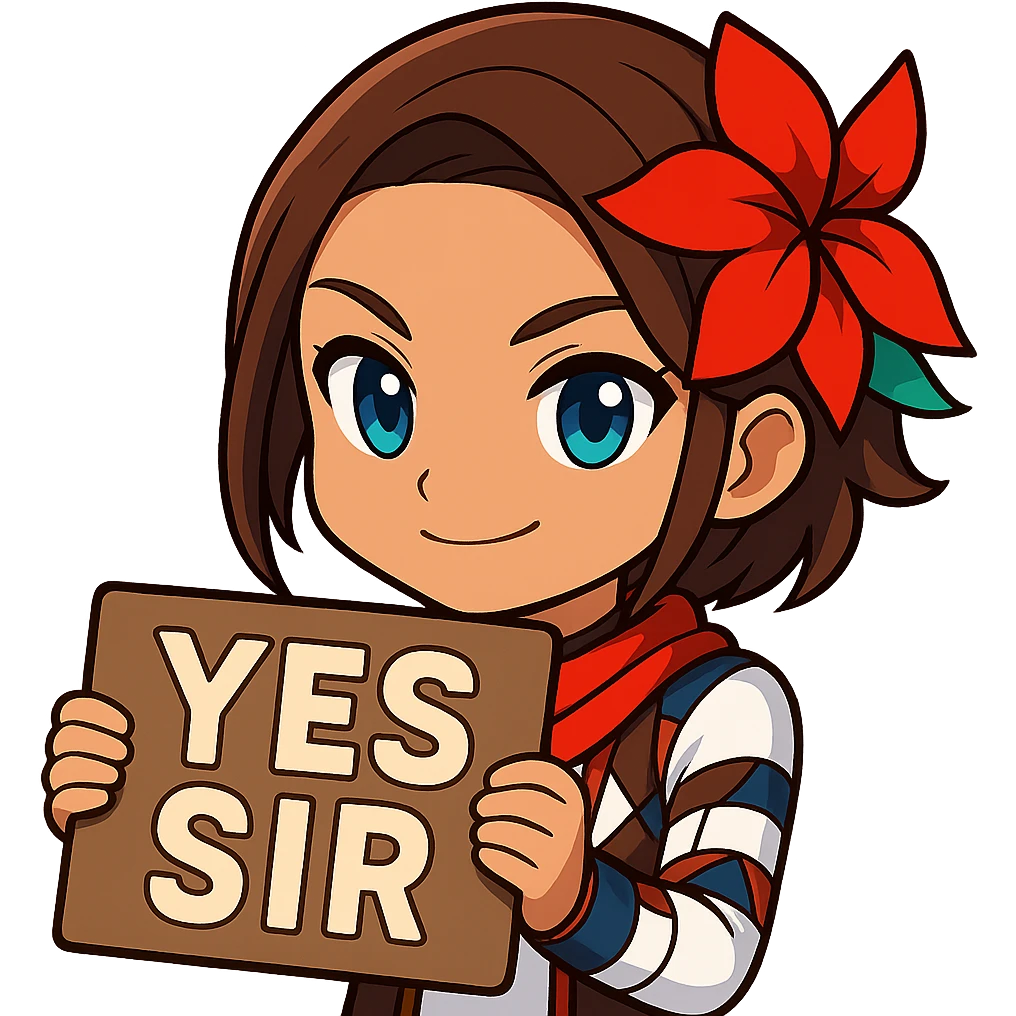 Azucena from Tekken 8 in chibi sticker style, holding a sign that says 'YES SIR', confident expression, designed for Twitch emote use. emoji