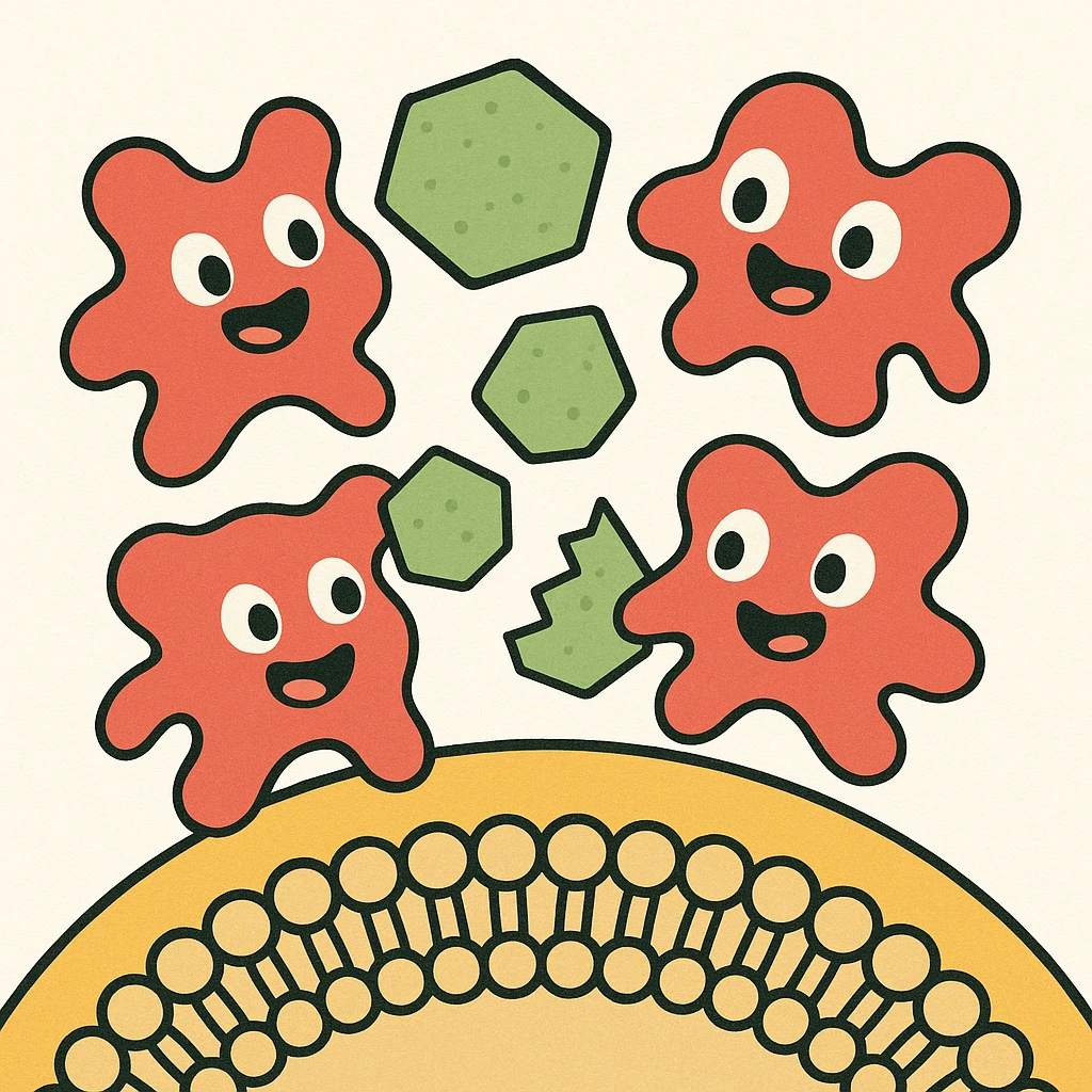 A realistic biological illustration (like in a school book) showing: enzymes (red) breaking down starch (green) near a cell membrane (yellow). Macro photography style. No labels, white background emoji