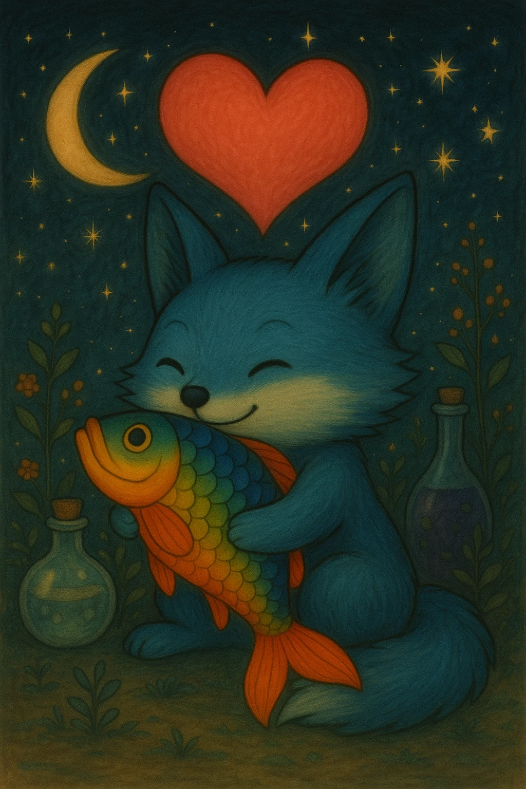 Add a magical, witchy background with stars, crescent moon, and potion bottles behind the blue fox hugging the rainbow fish with a big pink heart, in ghibli style. emoji