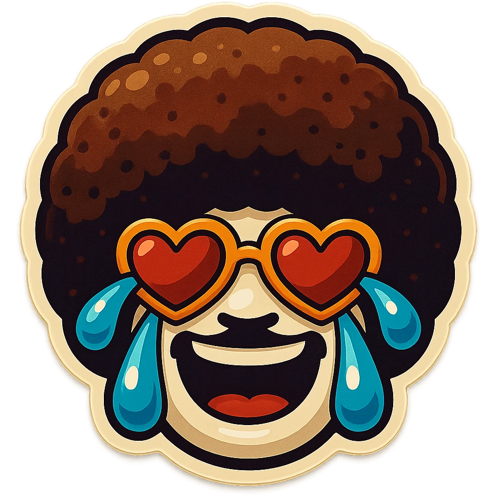 White circle face, afro, heart glasses, laughing with large tears emoji