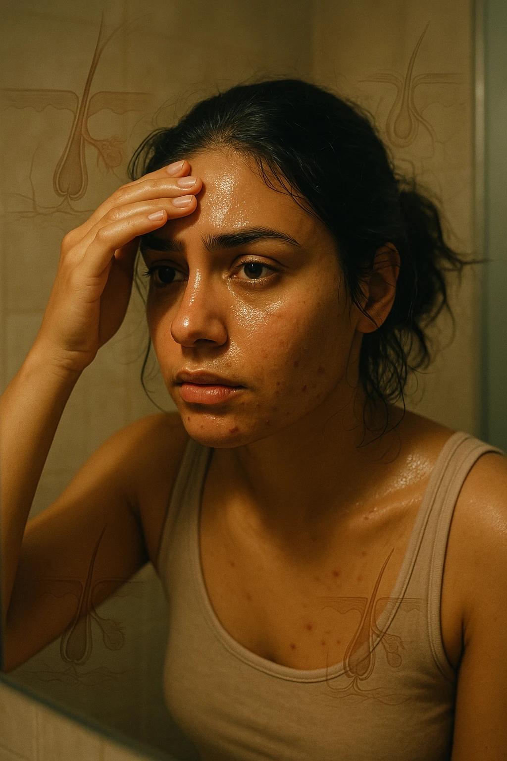 A realistic, cinematic portrait of a young woman in her late 20s with medium skin tone, sitting in front of a mirror in a softly lit bathroom. Her facial skin appears oily with a noticeable shine on her forehead, nose, and cheeks due to overactive sebaceous glands caused by PCOS. Small acne spots are visible along her jawline and chin, highlighting hormonal imbalance. She gently touches her forehead with her fingertips, checking the oiliness with a slightly concerned expression. Her dark hair is tied loosely, showing a few strands sticking to the sides of her face because of excess sebum. Subtle overlays of scientific diagrams of sebaceous glands can be softly blended into the background, symbolizing the overproduction of sebum. The atmosphere is clean and realistic, with warm daylight tones and a soft depth of field, ensuring emotional connection while maintaining medical educational value. 35mm film style, highly detailed skin texture and reflections on the oily areas for a hyperrealistic effect in italiano emoji