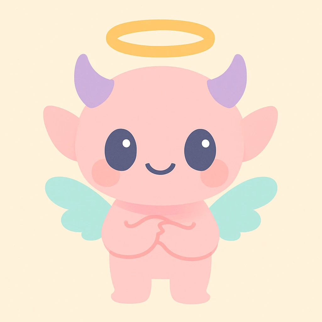a sweet imp with a halo, tiny wings, and a shy smile, soft colors, minimal background, gentle and angelic emoji