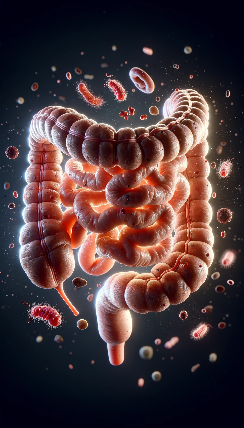 intestino umano realistico con batteri e parassiti che gli fluttuano intorno, iperrealistico 4k emoji