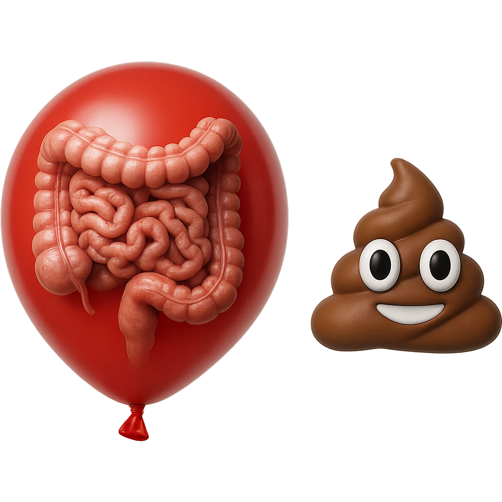 intestino umano anatomico chiuso in un palloncino rosso che simboleggia gonfiore, accanto un simbolo di cacca stile emoji iphoneche simboleggia "diarrea", iperrealistico 4k emoji