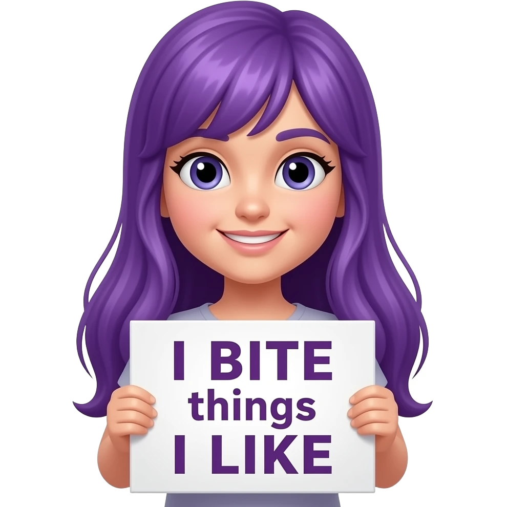 girl with long purple hair holding a I BITE things I LIKE sign emoji
