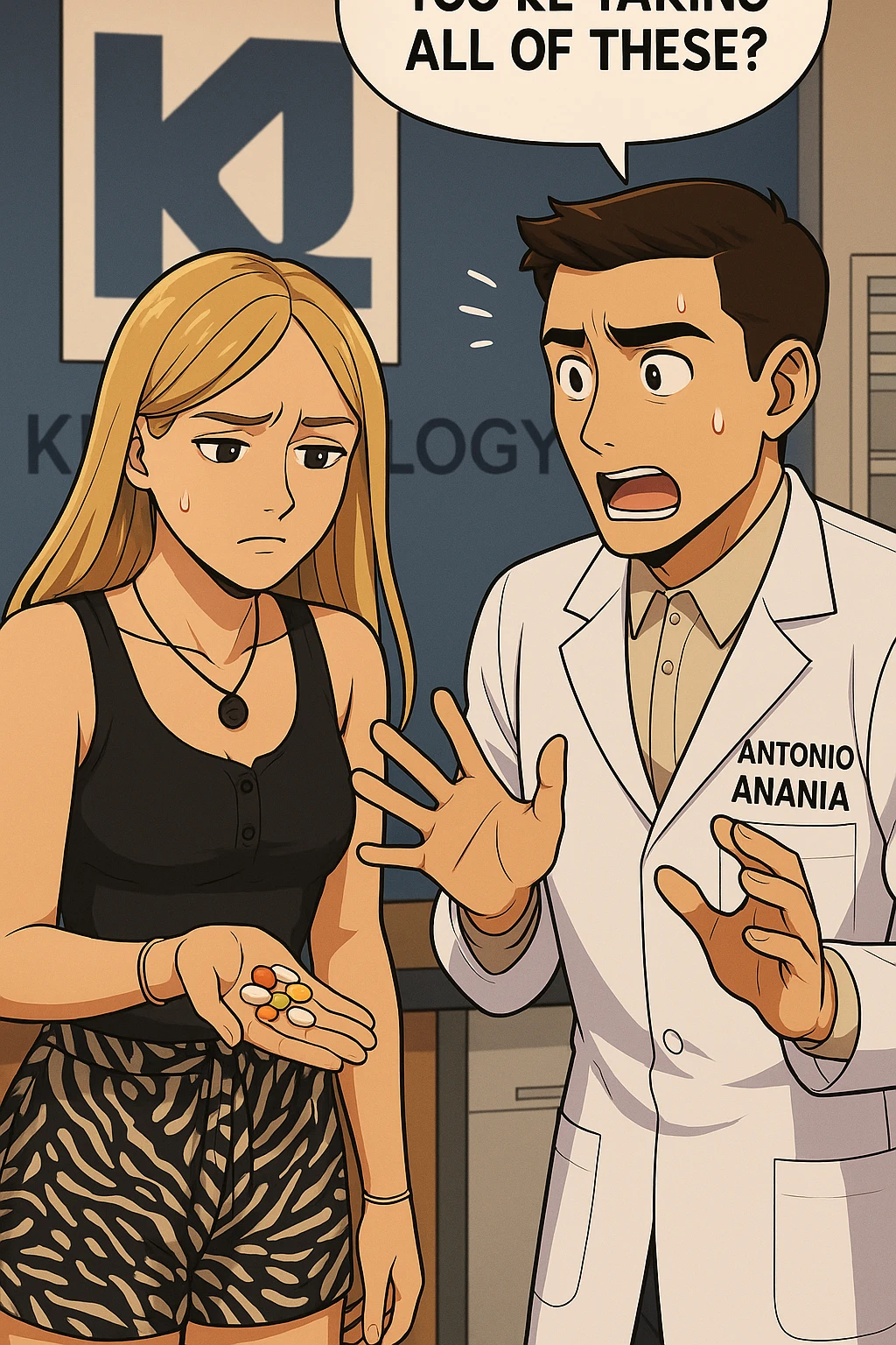 fai un webtoon/manga a colori con questo kinesiologo in camice bianco (fagli la scritta "ANTONIO ANANIA" SUL CAMICE) CHE PARLA CON QUESTA RAGAZZA. LA RAGAZZA HA UN PUGNO DI INTEGRATORI IN MANO (TANTE PILLOLE DIVERSE) E LE GUARDA DUBBIOSA. IL KINESIOLOGO CON IL CAMICE BIANCO LE DOMANDA UNA COSA SCIOCCATO. NON FARE I FUMETTI, FAI SOLO LORO COME SE DIALOGASSERO emoji