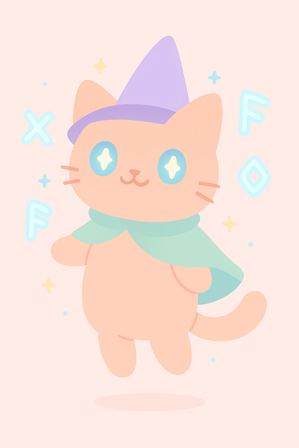 A cat wizard floating with magical runes, glowing eyes, whimsical style emoji