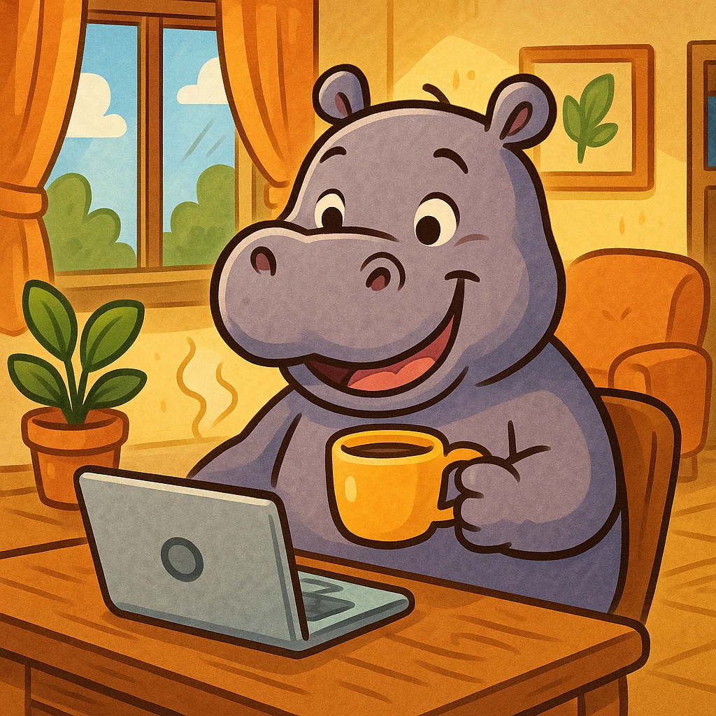 A cartoon hippopotamus who sits at a laptop and drinks coffee emoji