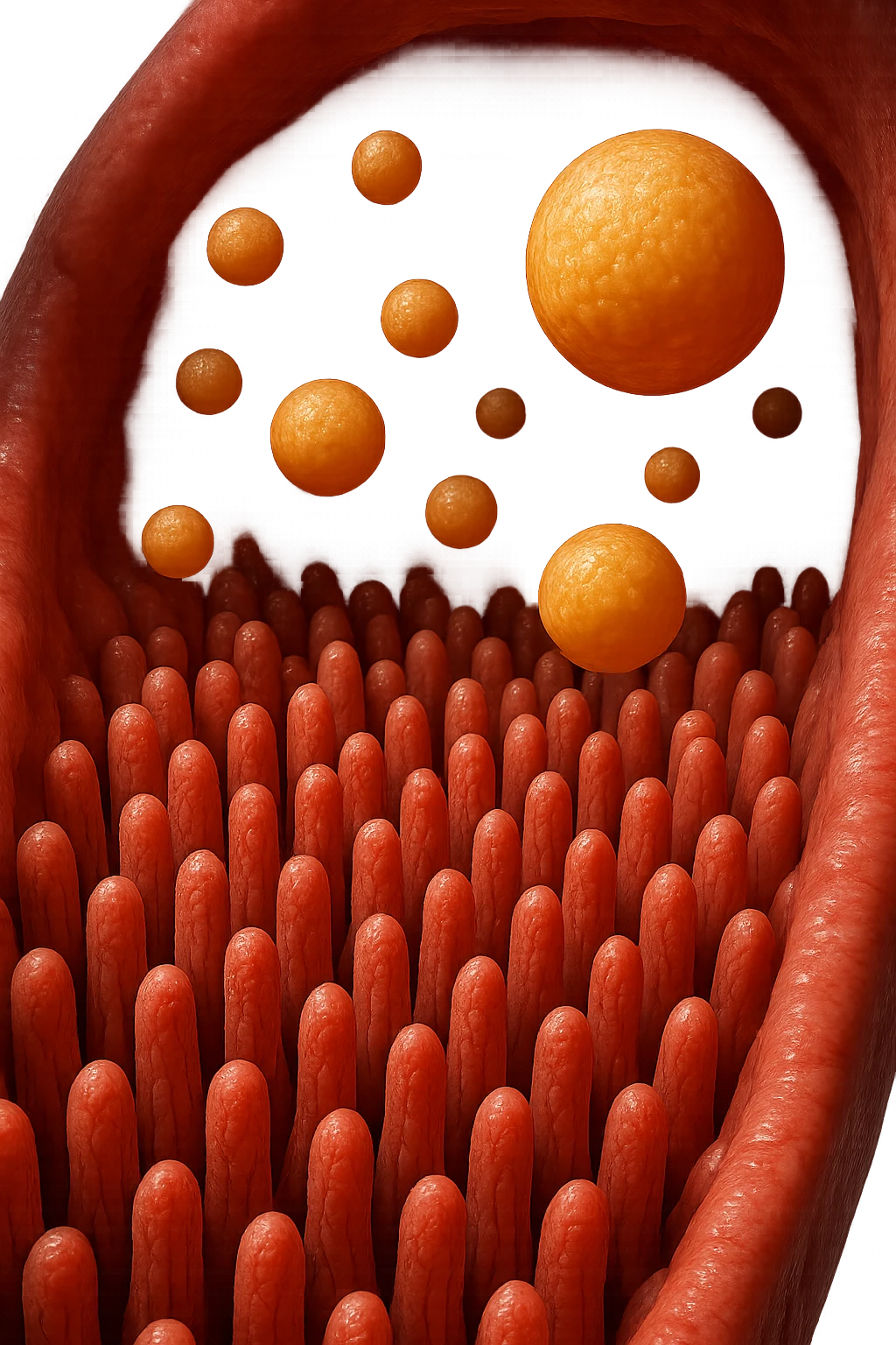 VILLI INTESTINALI CON CELLULE DI GRASSO CHE CI FLUTTUANO SOPRA, INTERNO REALISTICO DI UN INTESTINO, IPERREALISTICO 4K emoji