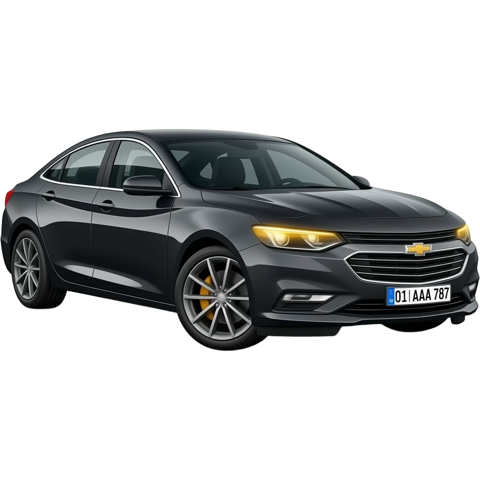A realistic icon emoji of a metallic black sedan Chevrolet Malibu 2.0L Turbo Premier, dark charcoal tint windows, black alloy 5-spoke rims, Dynamic amber glow LED headlights with sharp laser-beam effect, uzbekistan region flag, number texts "01 | AAA 787" in plate emoji