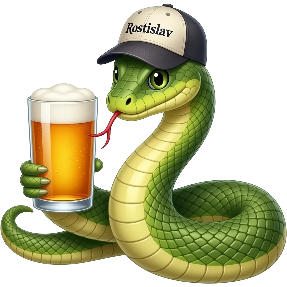 A snake in a cap with the inscription Rostislav is wrapped around a glass of beer. emoji
