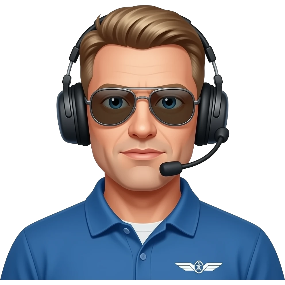 Adult man, 40, fair-skinned, light blond, slightly above-average build, rounded face, short military-style sides, blond–dark brown hair, calm serious expression, flight instructor, aviator sunglasses, headset, blue polo. emoji