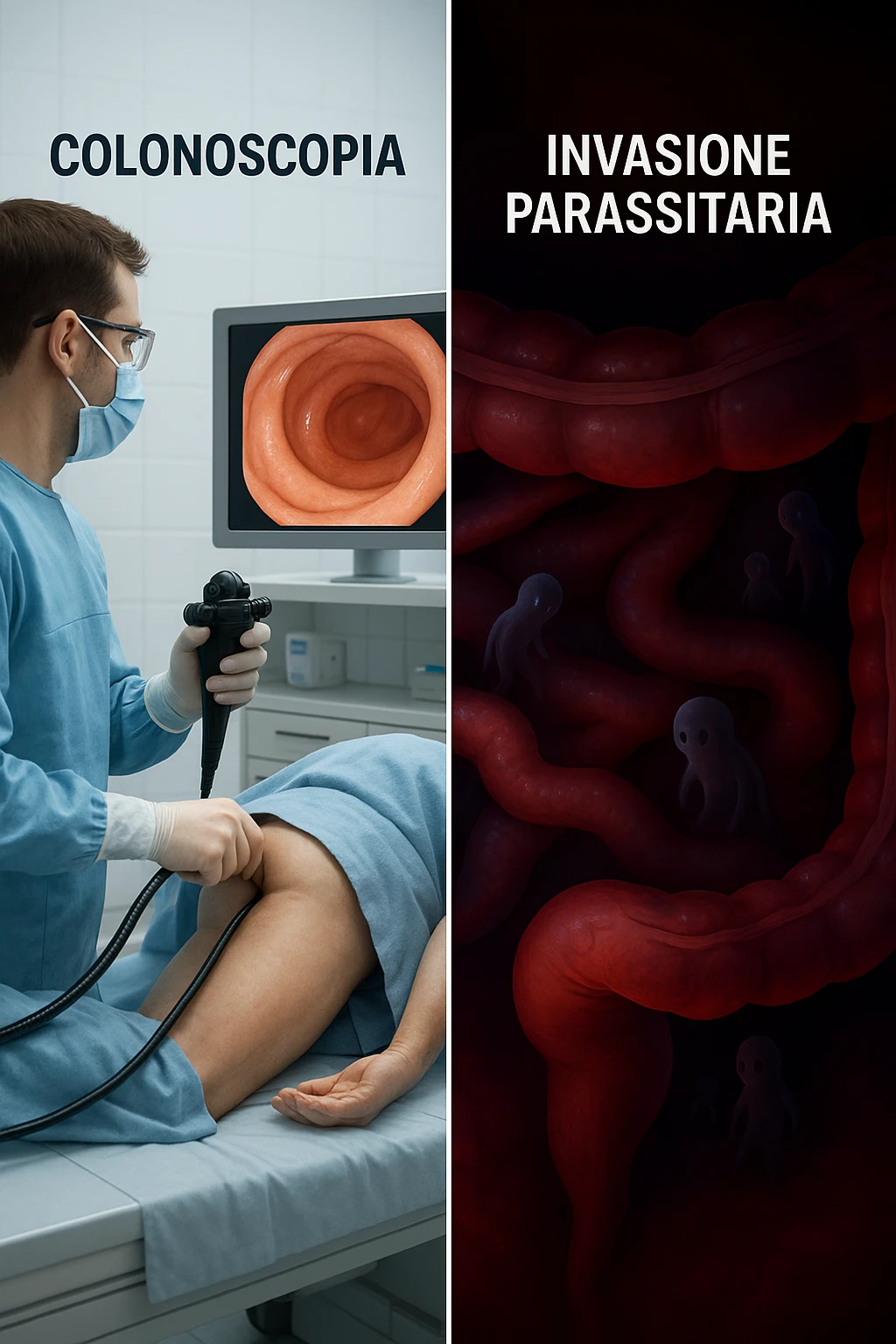 A split-screen medical illustration in cinematic style: on the left side, a doctor performing a colonoscopy on a patient in a sterile clinic, with the endoscopic camera displaying clean, healthy mucosal surfaces on a screen. On the right side, a symbolic cross-section of the same intestine — but shown in deeper layers beneath the surface, where parasitic organisms (small, translucent or shadowy figures) hide between folds and tissues not visible via standard scope. The contrast is clear: what is seen vs. what remains hidden. Lighting on the left is bright, sterile, clinical; lighting on the right is darker, with red and blue tones to suggest inflammation and invasion. Shot in hyper-realistic 3D medical style, educational but emotionally charged IN ITALIANO emoji