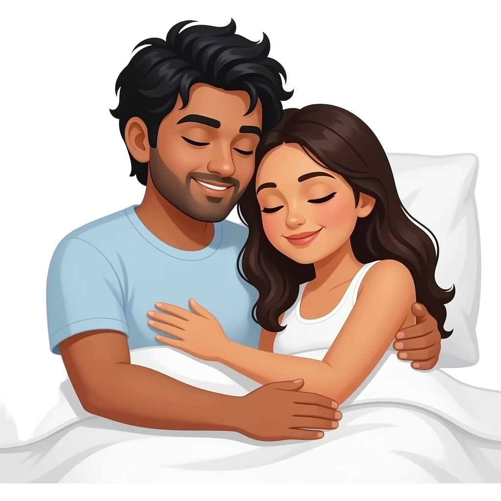Dark skin indian man with messy shortish black hair cuddling in bed with light skinned indian woman emoji