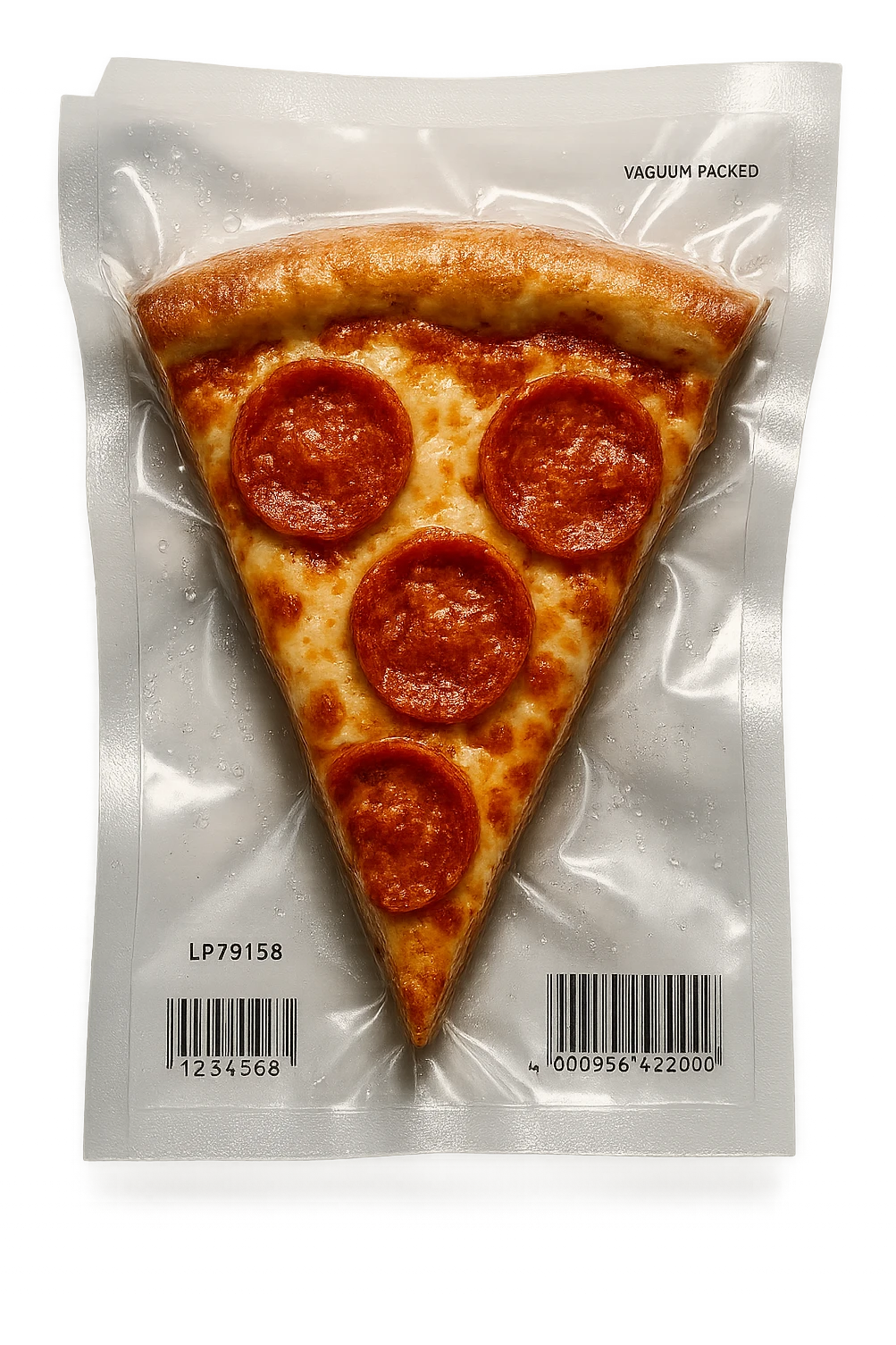 vacuum-sealed slice of pizza, cheese and toppings visible emoji