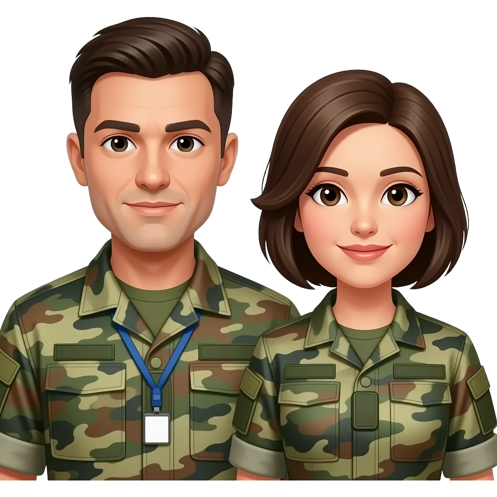 pareja hombre-mujer corresponsales de guerra, con atuendo de camuflaje emoji
