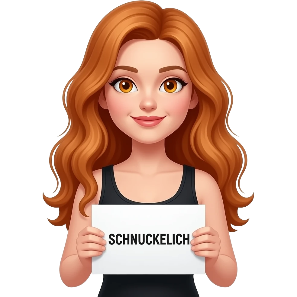 sexy girl with long wavy ginger hair and ginger eyes wearing a black tanktop is holding a white sign with SCHNUCKELICH written on it emoji