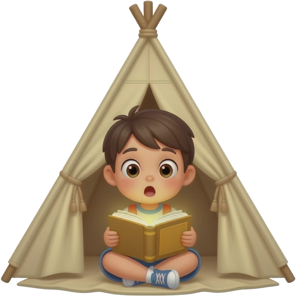 KID AMAZED EXPERSSION WHILE LOOKING AT A GLOWING BOOK inside a  "child's drawing" tent shape. emoji