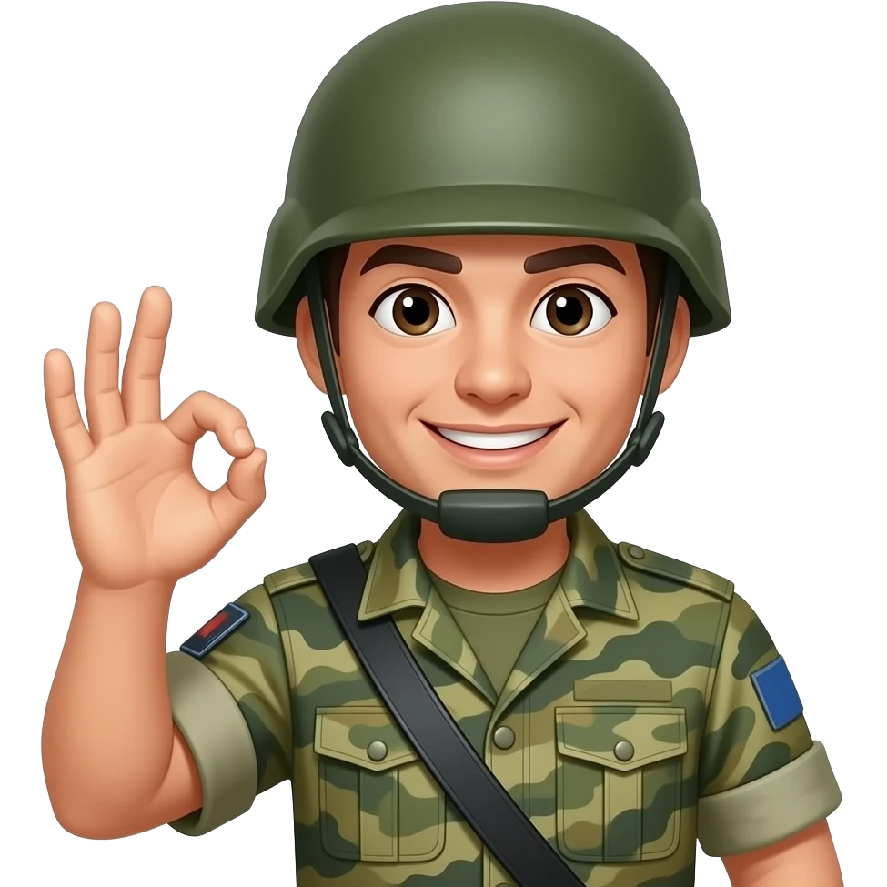 a happy face saying ok while at war emoji