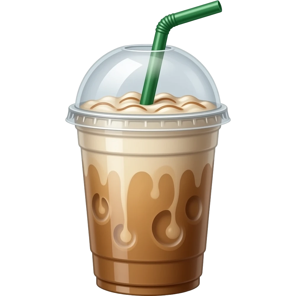 Emoji de un caramel frappuccino de Starbucks en un vaso de plástico transparente con una tapa semiesférica y una pajita verde emoji
