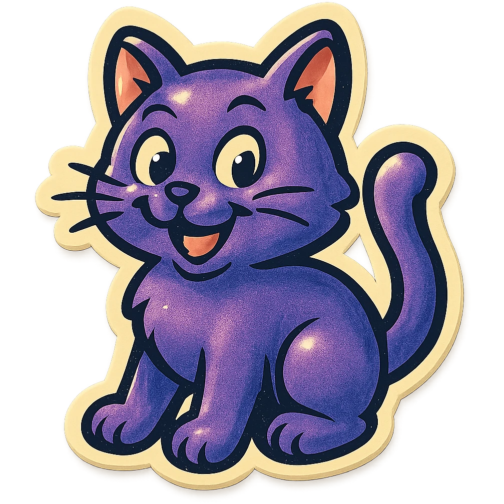 retro sticker of a purple cat, playful expression, bold outlines, vintage sticker style emoji