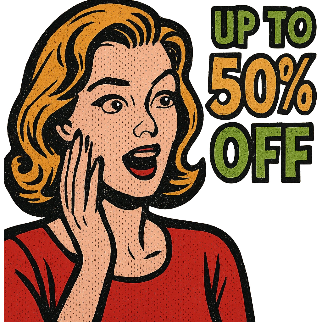 comic style text 'UP TO 50% OFF' in bright green and orange colors, no background emoji