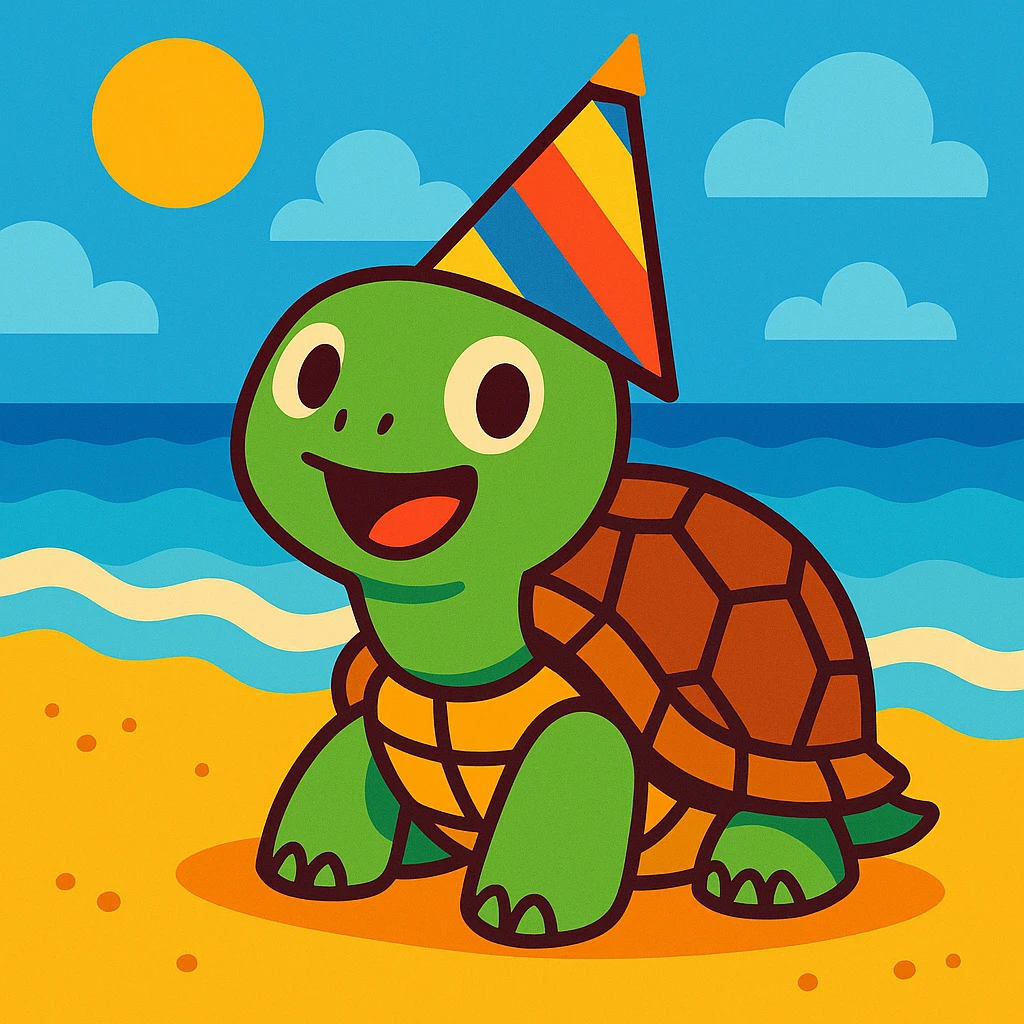a turtle on the beach wearing a colorful party hat, fun and colorful style, bright and cheerful emoji