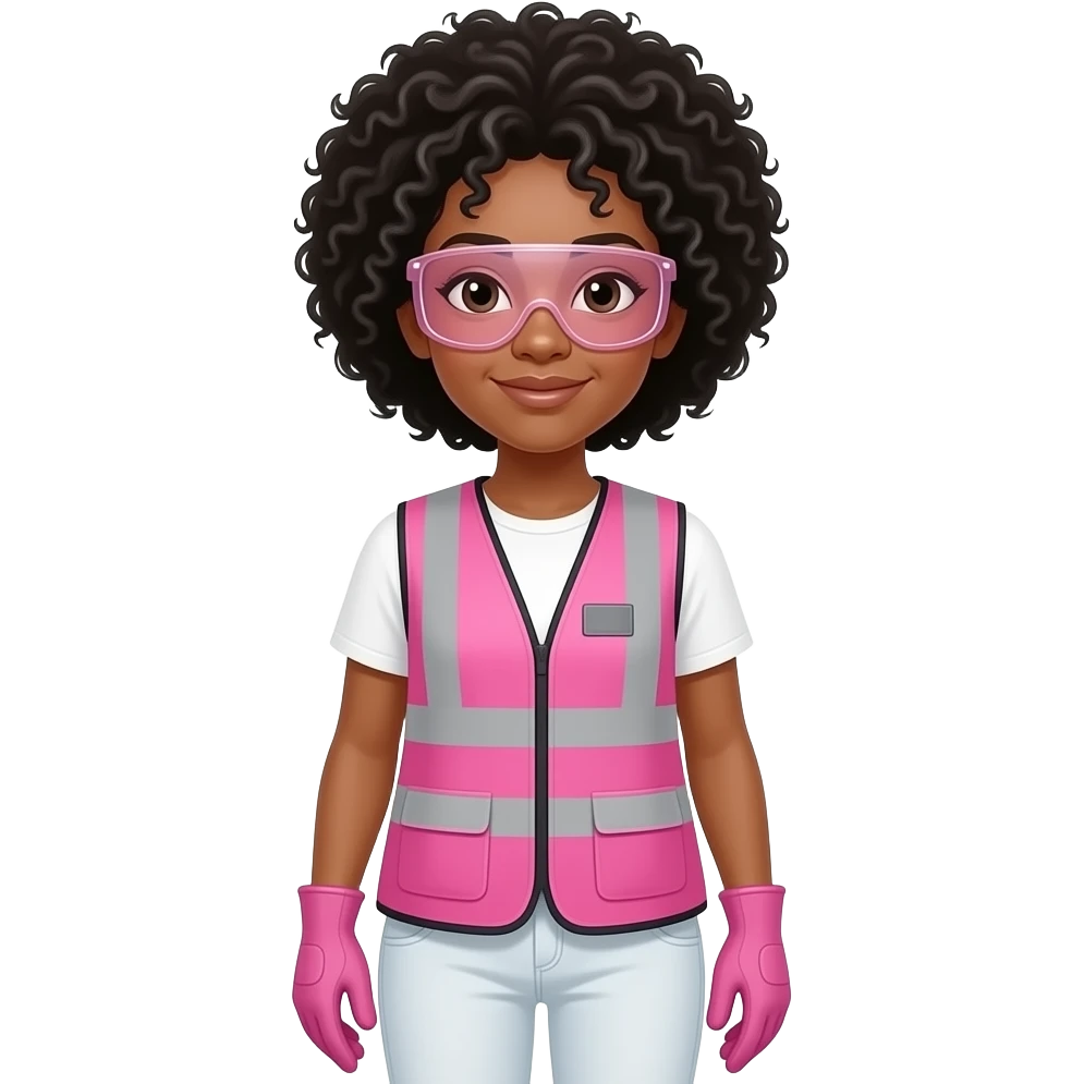 Light skin woman with black curly fro hairstyle wearing pink and clear safety glasses wearing a pink construction vest wearing white pans wearing pink construction vest wearing white pants wearing pink construction gloves emoji
