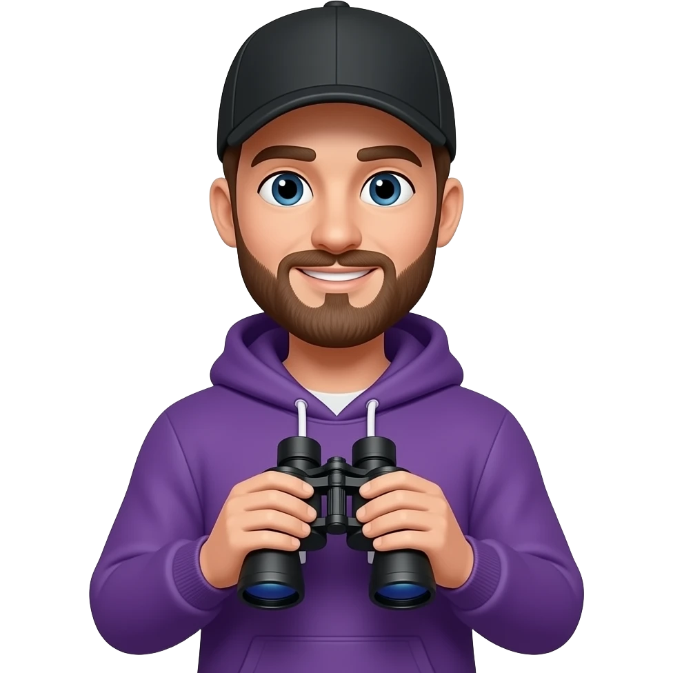 tall skinny guy with black basecap, circle-beard, purple hoodie, binoculars emoji