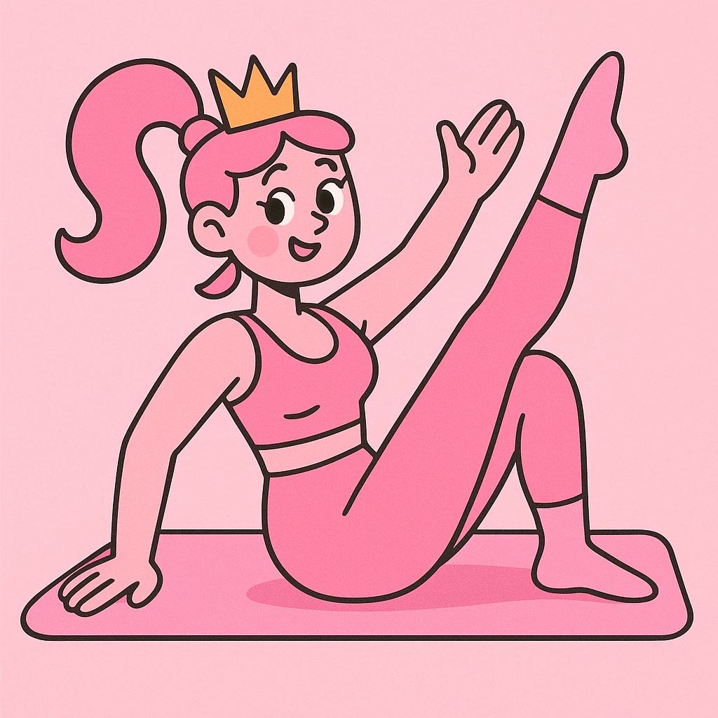 pink pilates princess, pastel pink colors, sporty and feminine, wearing a crown, cute and energetic, modern cartoon style emoji
