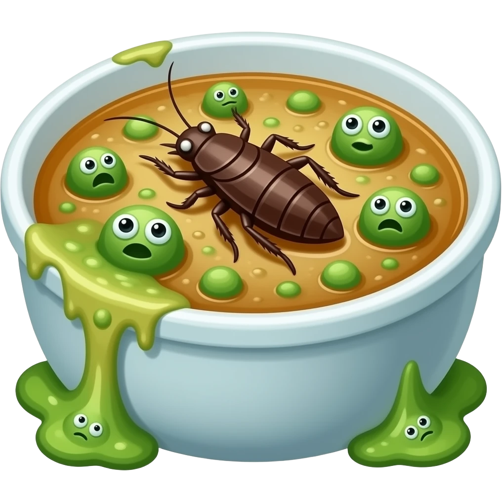 moldy rotten soup. molds should be green and cartoonish. there will be a cockroach on it. no face emoji