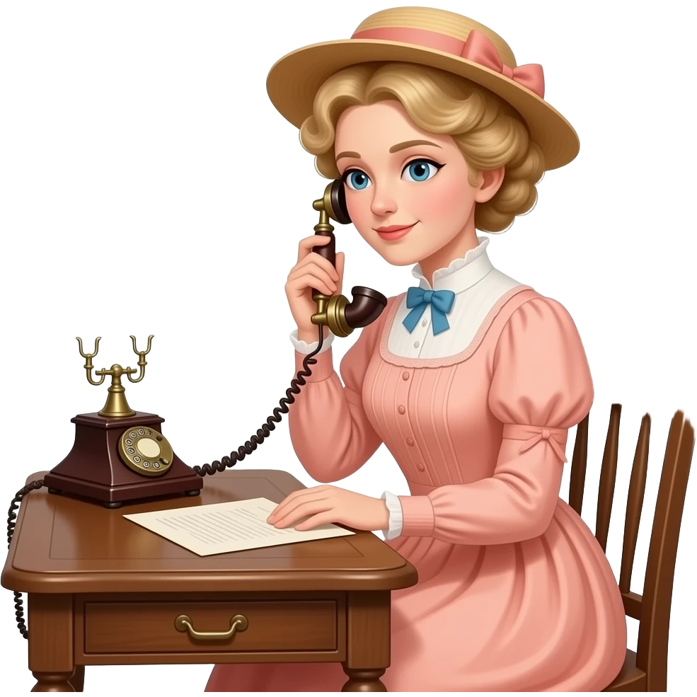 blonde tight curly hair pinned up sitting on an antique desk typing a paper with antique phone in 1800  peach dress and matching hat emoji