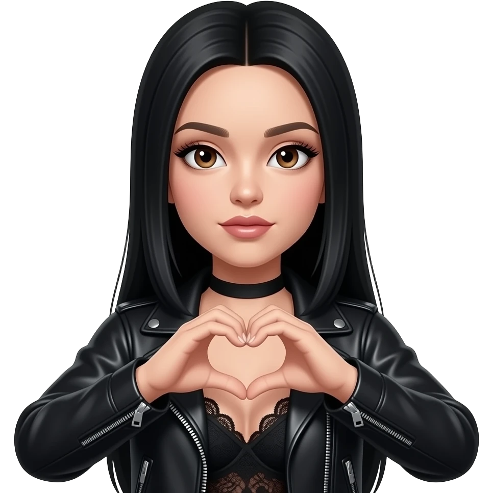 Beyaz tenli yani ten rengi çok açık olsunsiyah uzun düz  saçlı hafif çekik gözlü kahverengi gözlü uzun kirpikli ince seyrek kaşlı üzerinde siyah dantelli kıyafet var üstünde deri ceket dudakları kalın büyük ve düz olsun soğuk tonlarda makyaj olsun yüzünde pürüzsüz bir cildi olsun kalp yapsın emoji