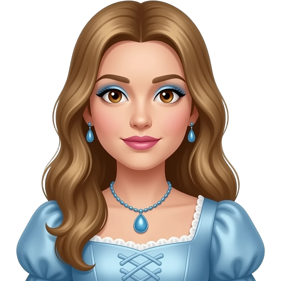 GloomyKassie with brown eyes, long golden brown hair, periwinkle eyeshadow, pink lipstick, light blue metallic queen anne dress, blue necklace and earrings emoji