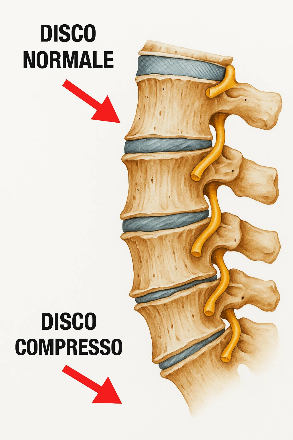 Realistic anatomical vertical illustration inspired by the reference image showing one vertebra with a compressed disc and another with a normal disc, clearly highlighting the difference between the two. Include clear anatomical details, no background, and captions in Italian. Vertical format 2:3. emoji