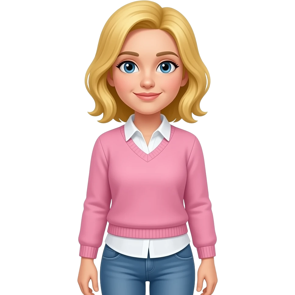 For me, a white-skinned woman is standing tall wearing a white shirt and pink sweater, jeans and yellow hair. emoji