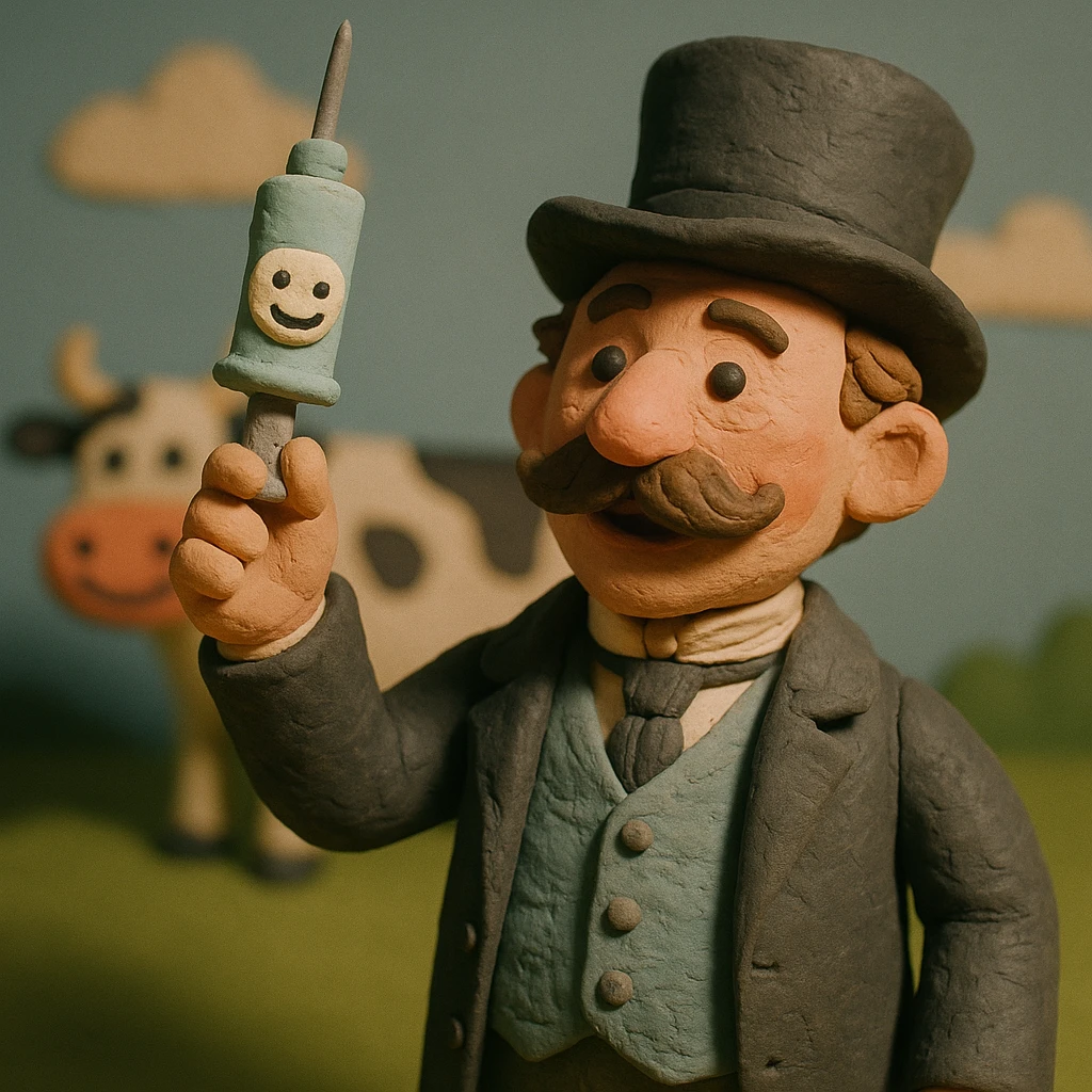 A Victorian doctor holding up a vaccination with a smiling face with a cartoon happy cow in the background emoji