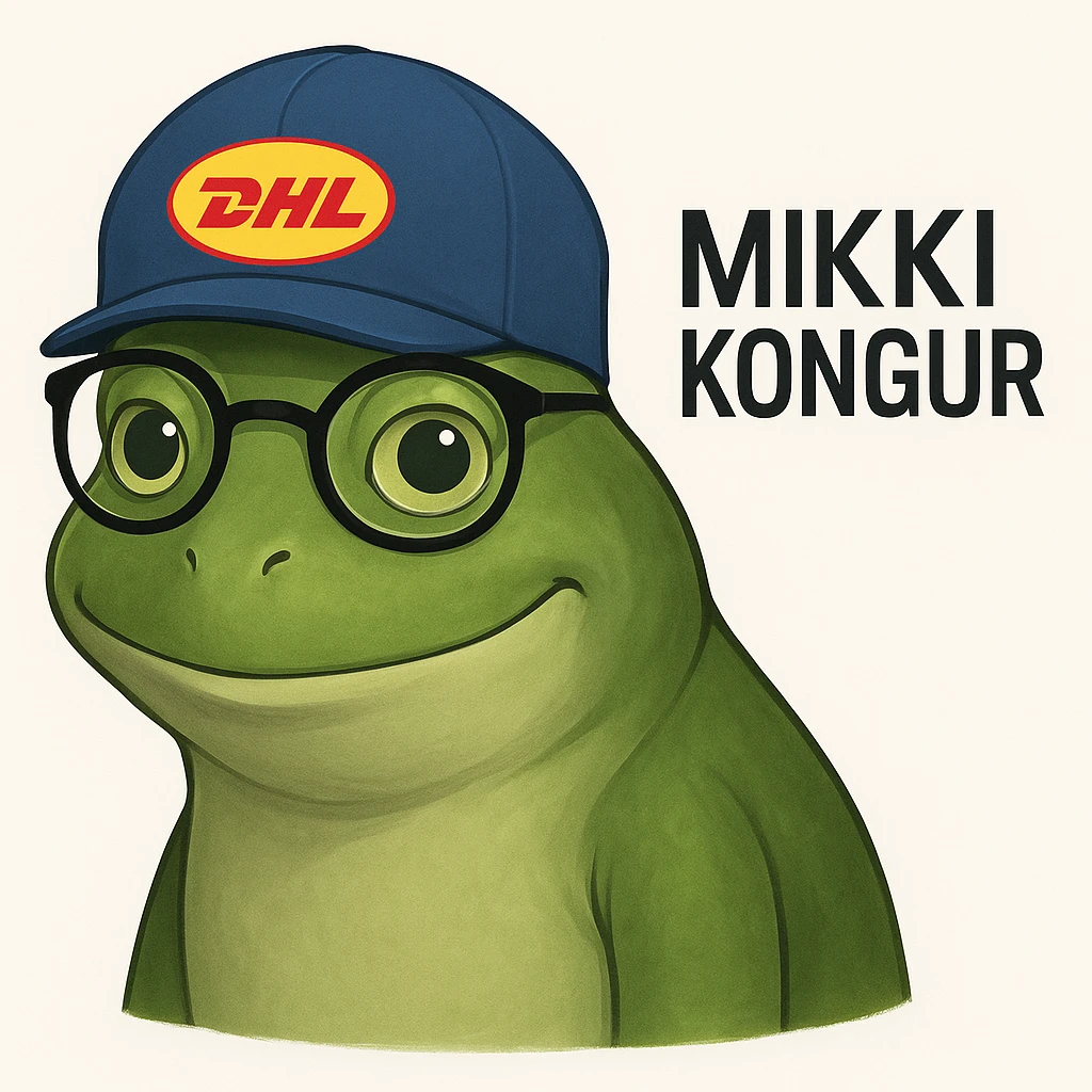 Design a realistic and clean DHL Express frog based on the reference image of a green frog with glasses and a DHL hat, smiling. Add the text 'Mikki kongur' in a modern font. Keep the look realistic and clean. emoji