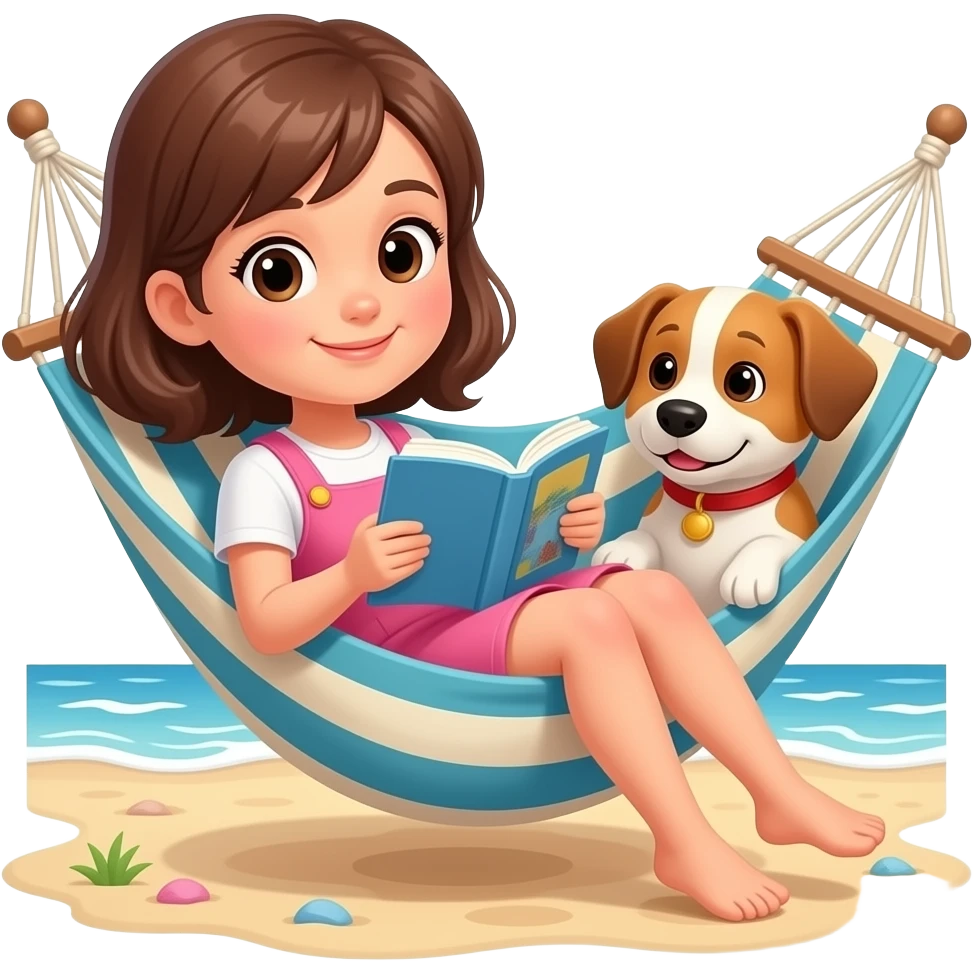 girl with brown hair in hammock reading a book by a beach with a dog in the hammock emoji