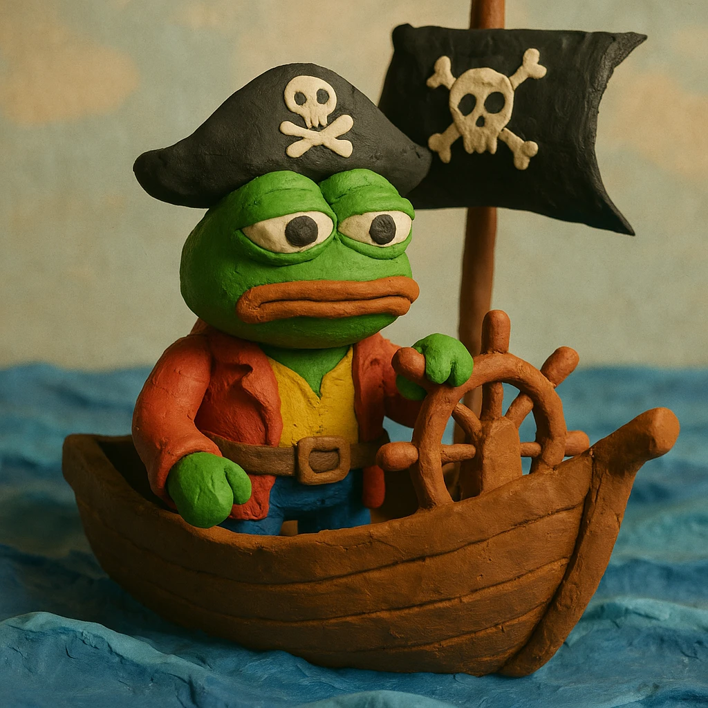Pepe the Frog dressed as a pirate, sailing on a pirate ship in the ocean, claymation style emoji