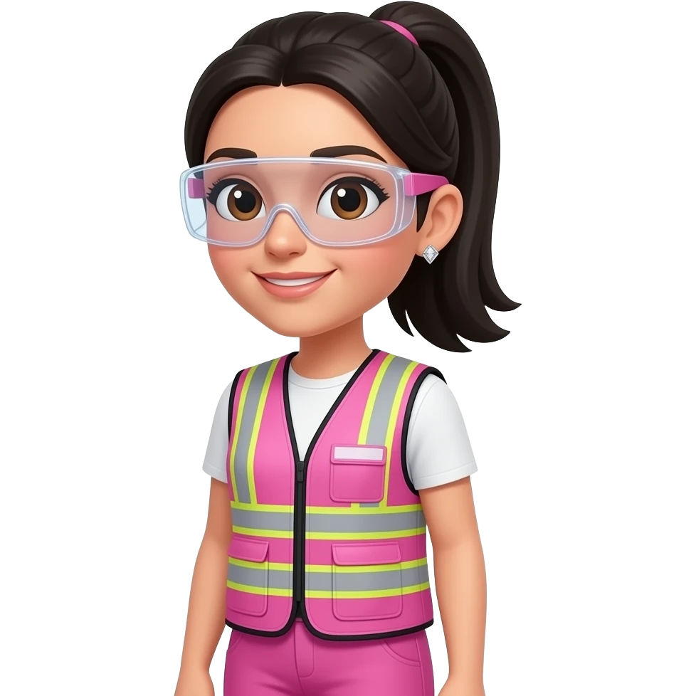 White women with brown eyes with neck length straight black hair in a ponytail wearing diamond earrings wearing pink and clear safety glasses wearing a pink construction vest wearing pink pants emoji