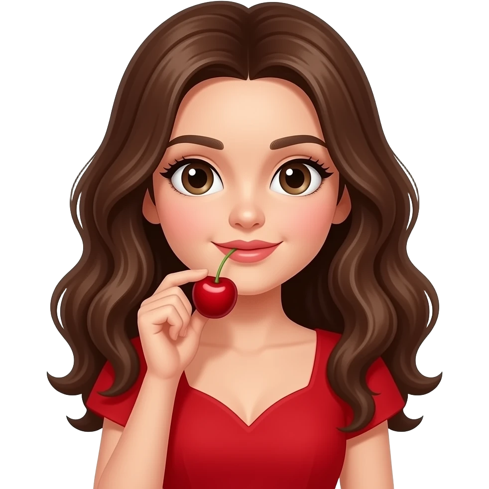 Brown haired woman with and big eyes in a red dress holding cherries. emoji