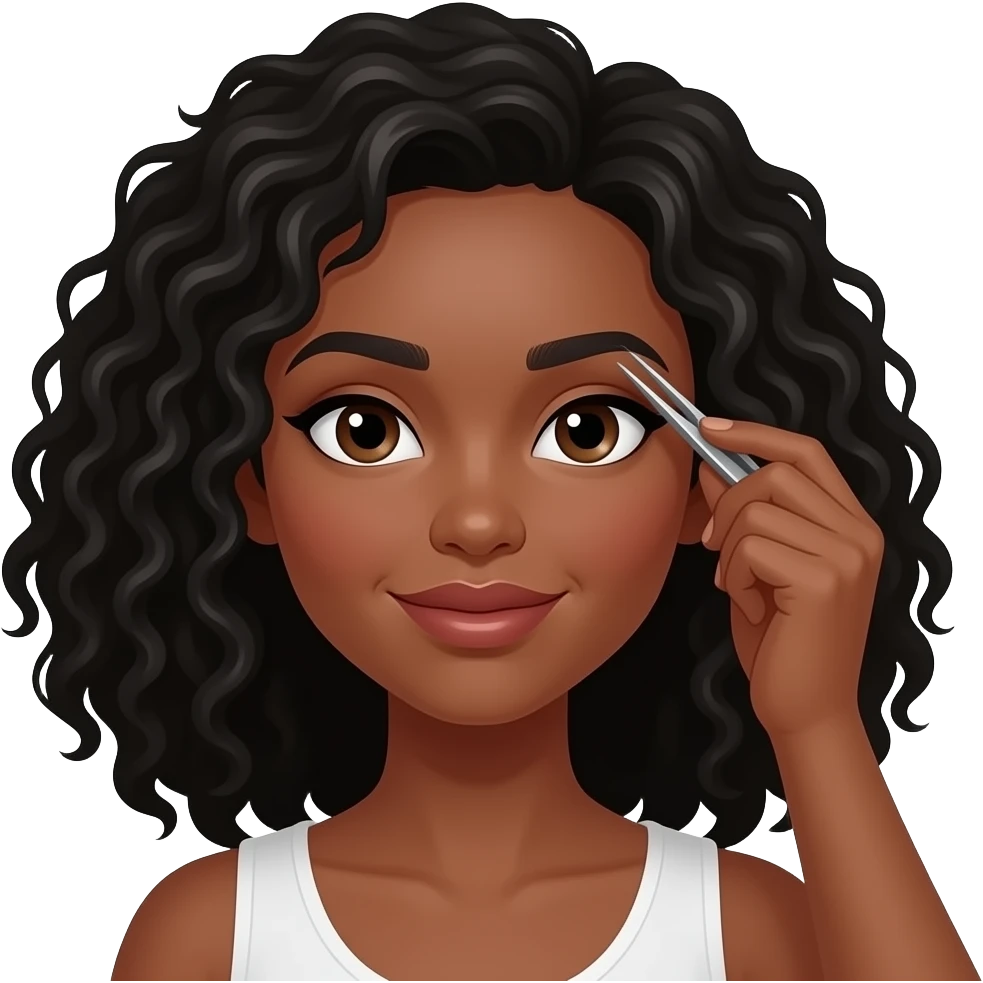 Medium dark skinned woman with black curly shoulder-length hair tweezing her eyebrow. emoji