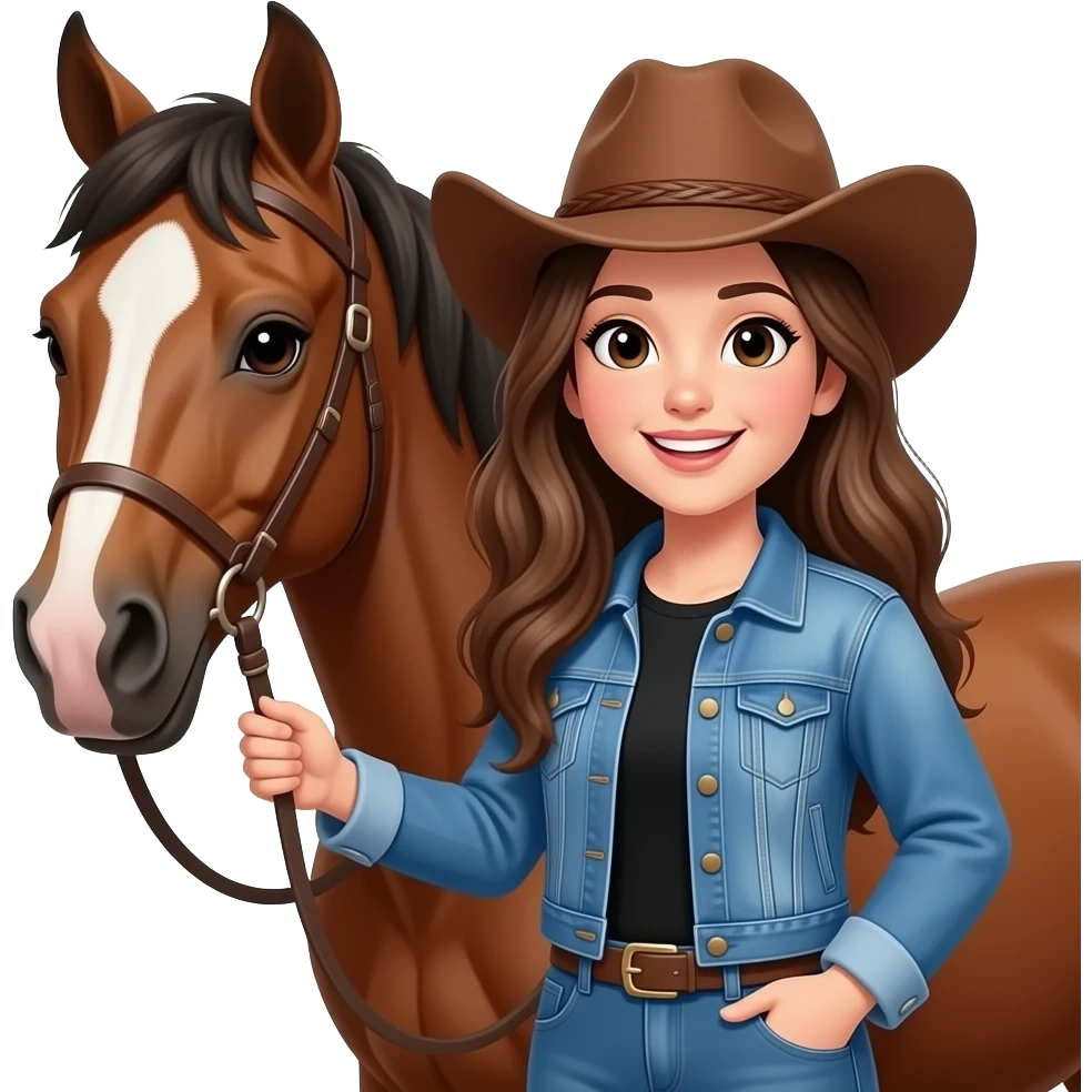 Girl with long brown hair, with black eyes, smiling, wearing a denim jacket and black shirt and brown cowgirl hat, next to her brown horse that has a white spot on her forehead. emoji
