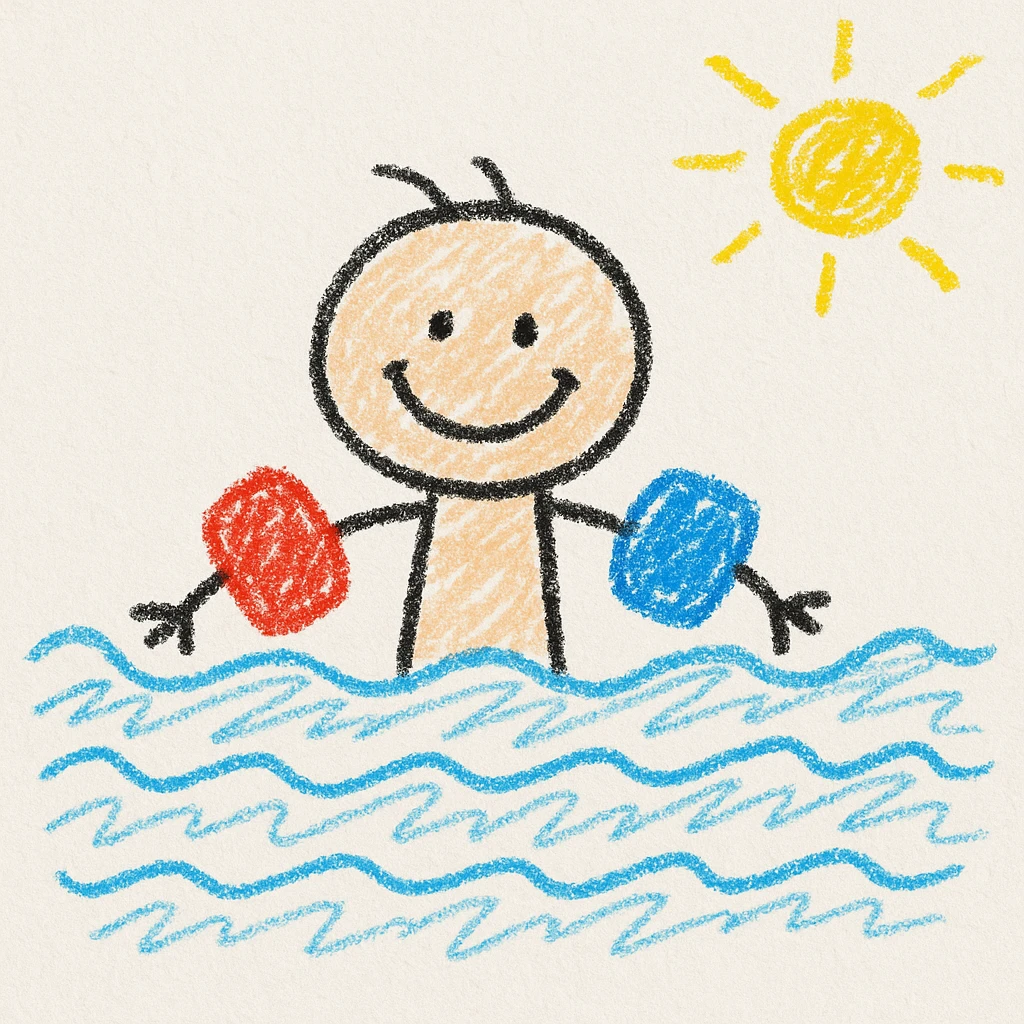 A child swimming with floaties, smiling, playful illustration style emoji