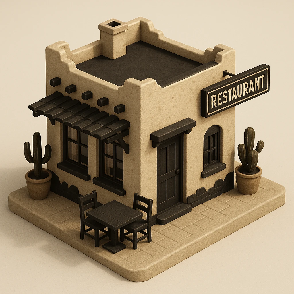 isometric exterior of a little southwestern restaurant, black, beige, and white color palette, dollhouse style, 3D realistic emoji
