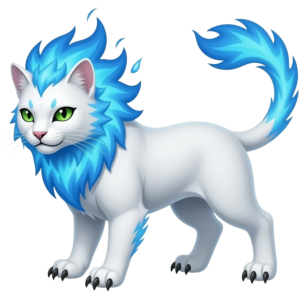 A sleek white feline with a mane of living blue fire, long claws, spikes on its back, and green eyes that glow in darkness. It is proud, fast, and fiercely territorial. emoji